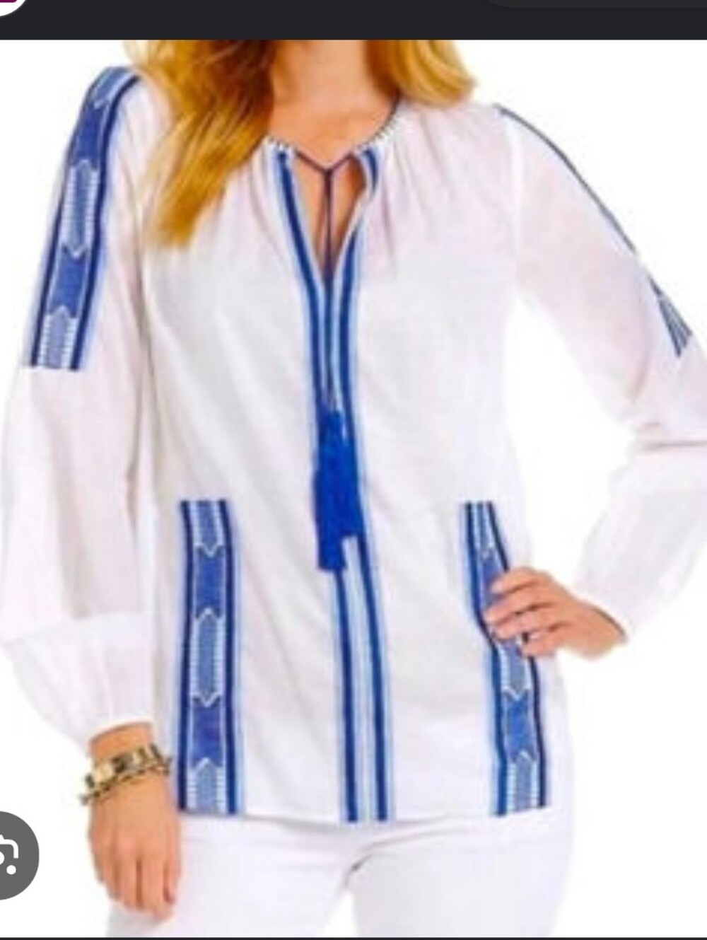 Michael Kors Lightweight White Long-Sleeve Top Blue Embroidery Medium